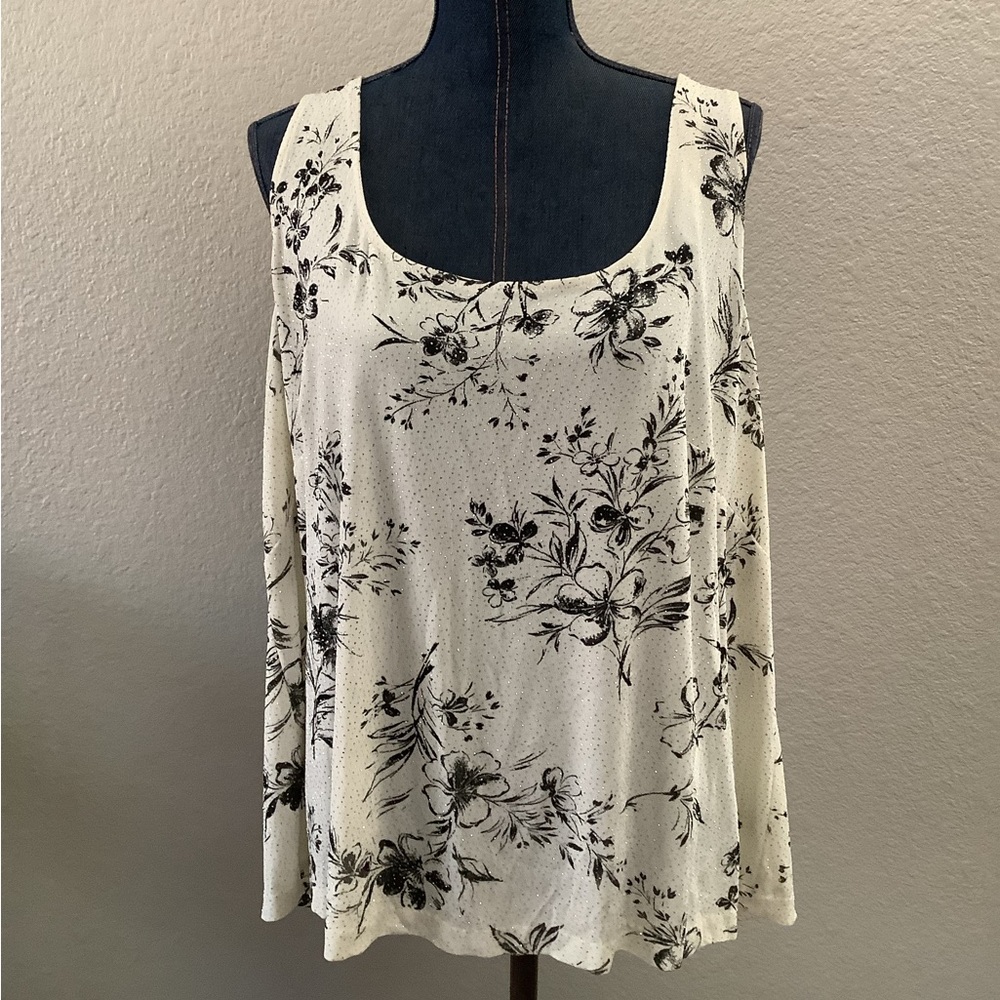 Alex Evenings White Sleeveless Tank Top Blouse Black Floral Print Womens Size 3X